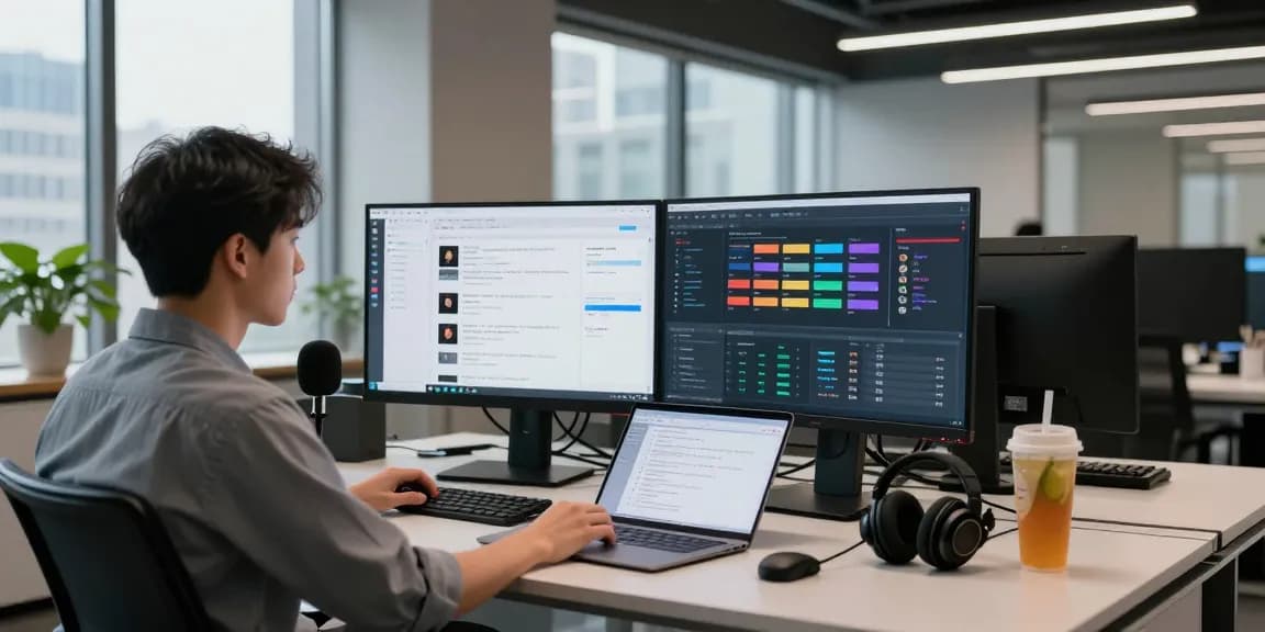 Detect AI image in a tech office showing an analyst monitoring content moderation analytics on dual screens.