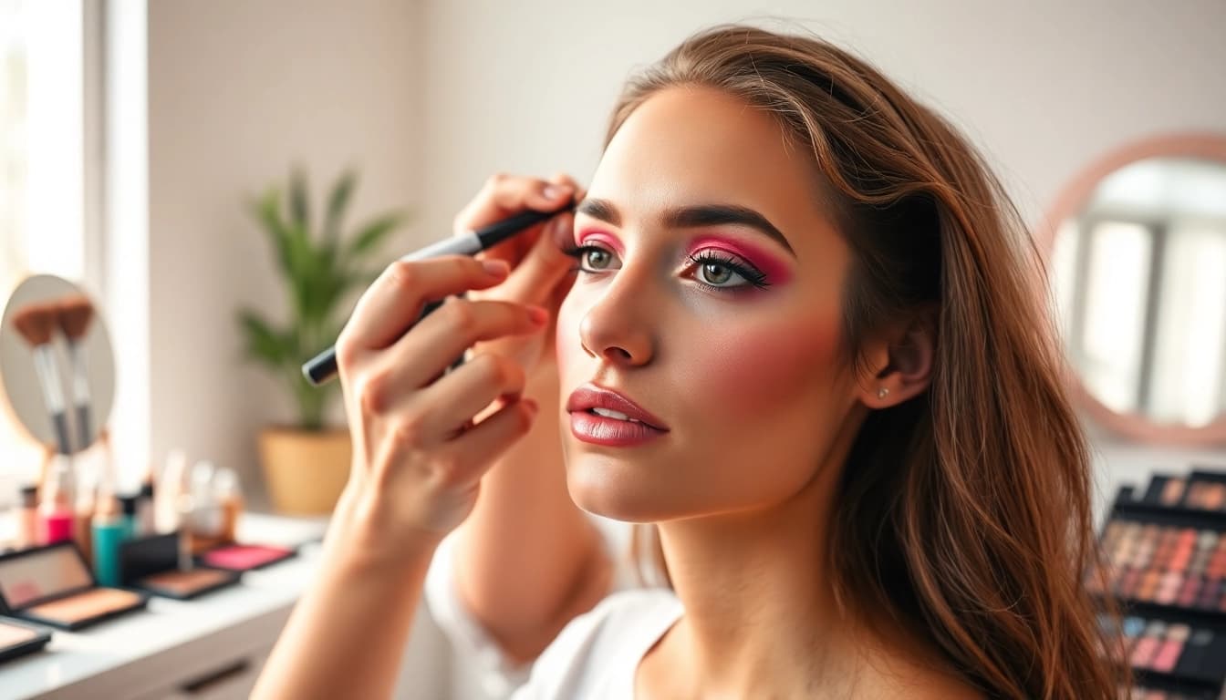 Apply wholesale make up with expert techniques in a vibrant beauty studio environment.