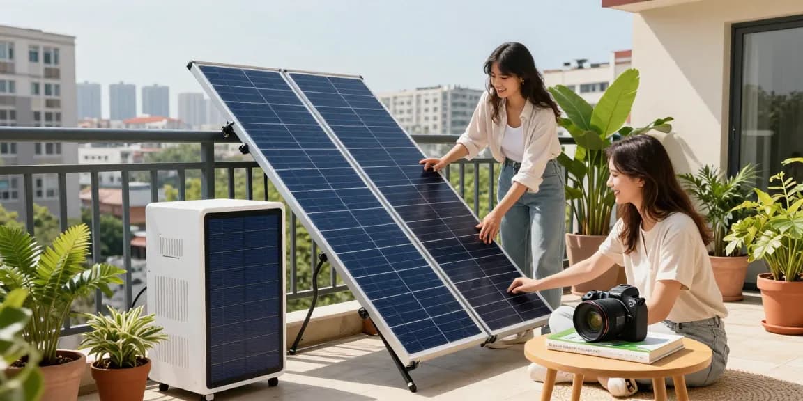 Balcony solar panel installation on an urban balcony with a couple setting it up, surrounded by plants and skyline views.
