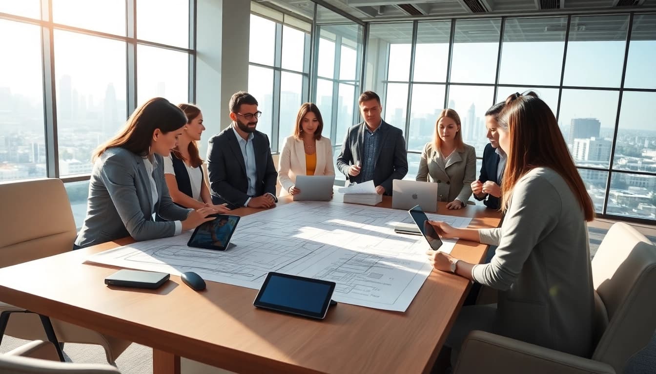 Engage in construction advocacy discussions with professionals in a modern office.