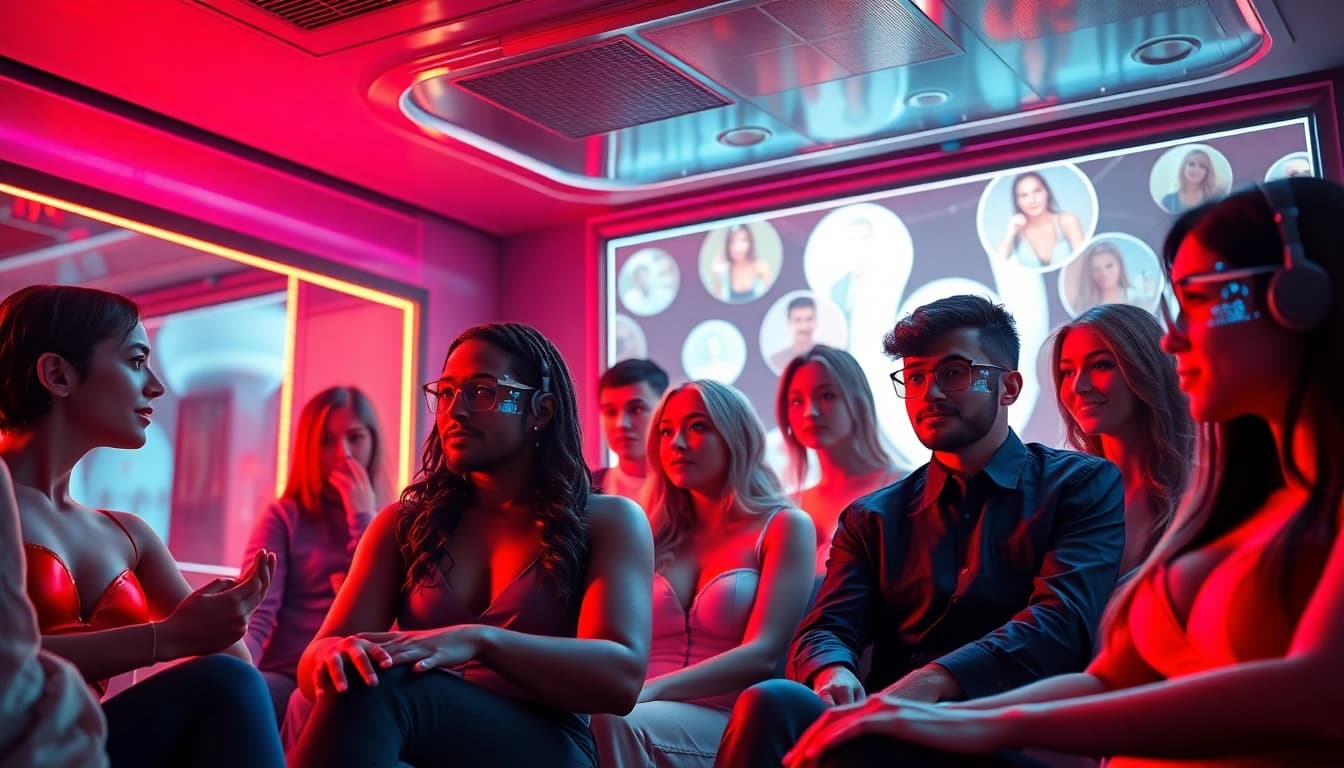 Engaging in NSFW AI chat with diverse avatars in a warm, dynamic setting.