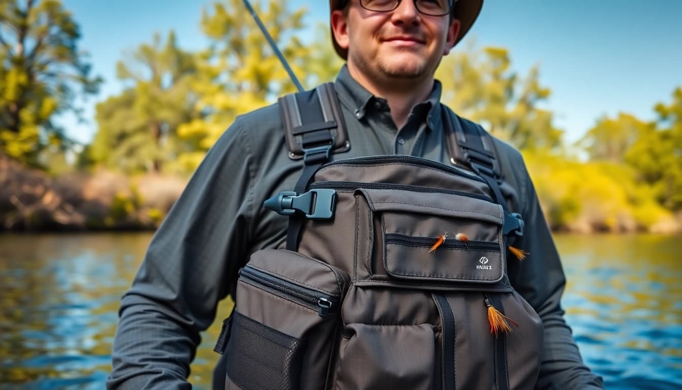 Fly fishing chest pack worn by an angler wading in a serene river scene.