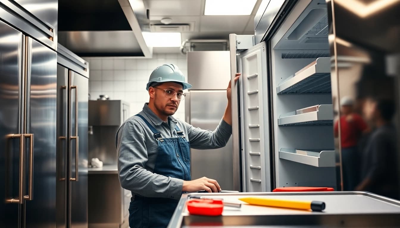 Technician performing commercial appliance repair on a refrigerator in a bustling kitchen.