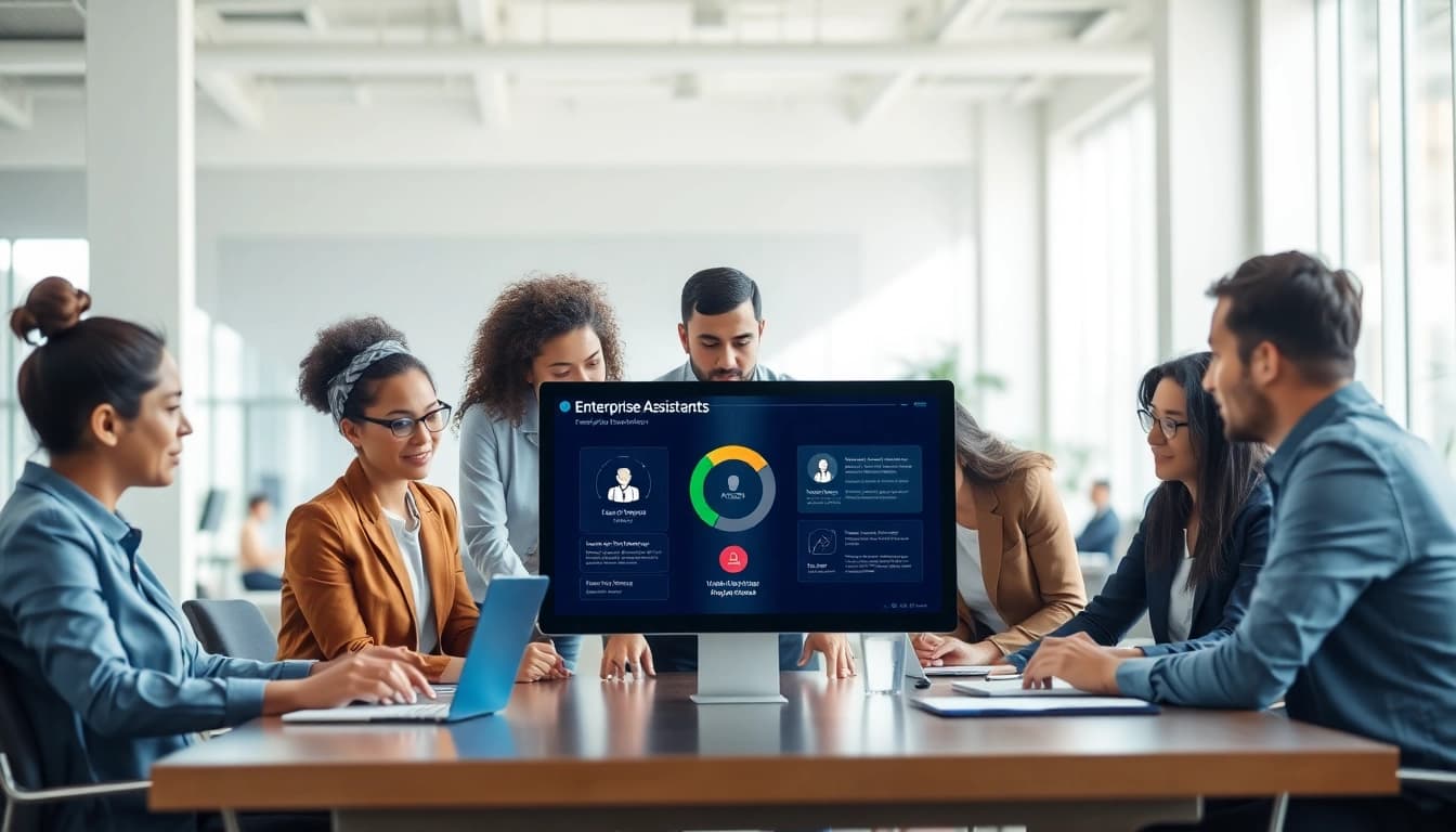 Team collaborating on the enterprise assistant platform in a modern workspace.