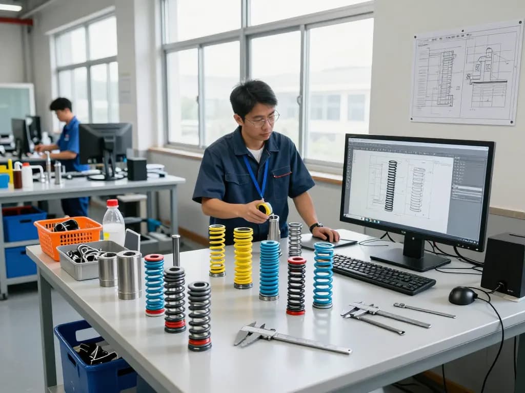Inginerii examinând Arcuri compresie într-un atelier modern, evidențiind designul inovator.