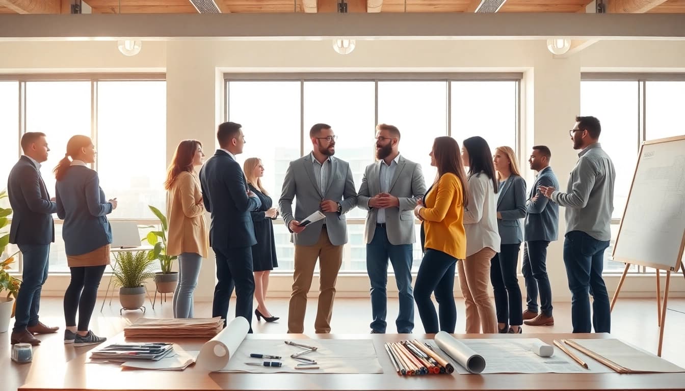 A group of professionals from a construction member organization collaborating in a modern office.