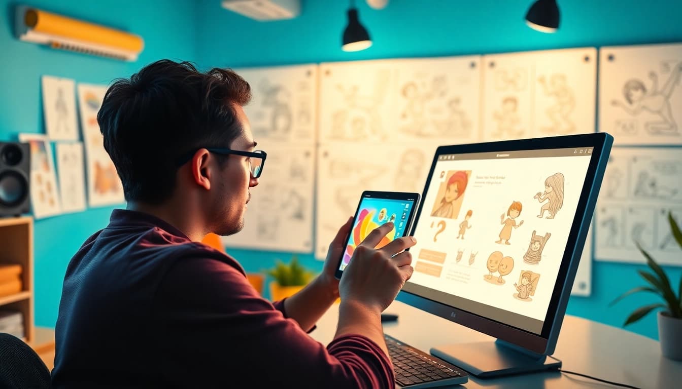 2D Animation in a vibrant studio as an animator creates dynamic character designs.