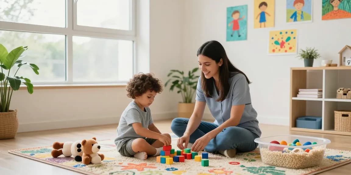 Occupational therapy session with therapist supporting child through play-based learning activities.