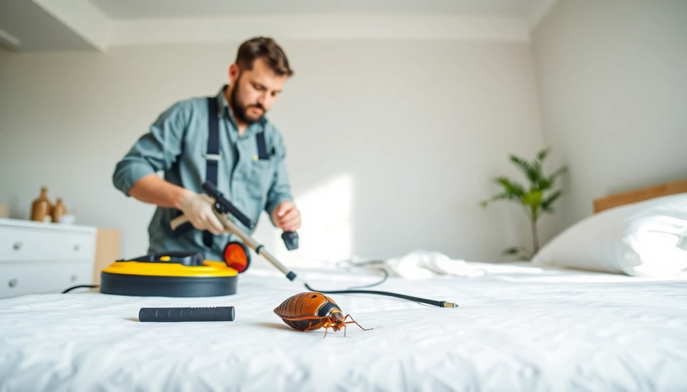 Bed bug extermination services conducted by a professional in a tidy bedroom during inspection.