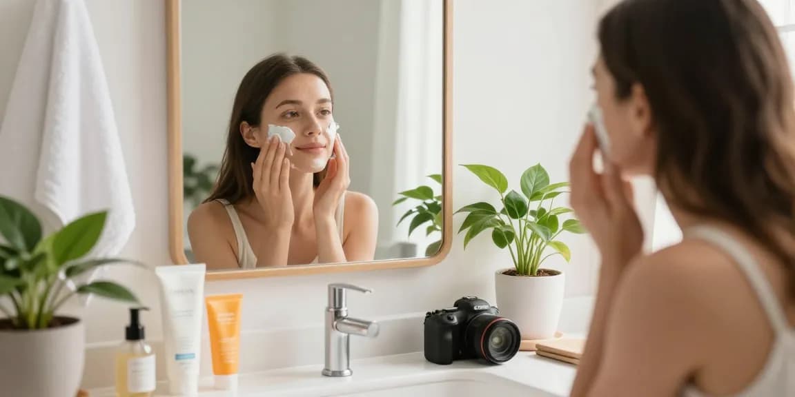 Aplicarea cremei hidratante pentru față într-un mediu de baie liniștit, cu lumină naturală.