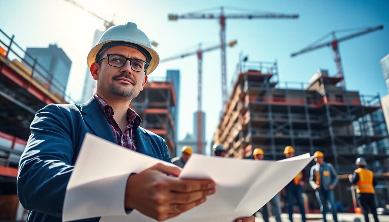 Manhattan General Contractor engaged with workers on a construction site, emphasizing teamwork and productivity.