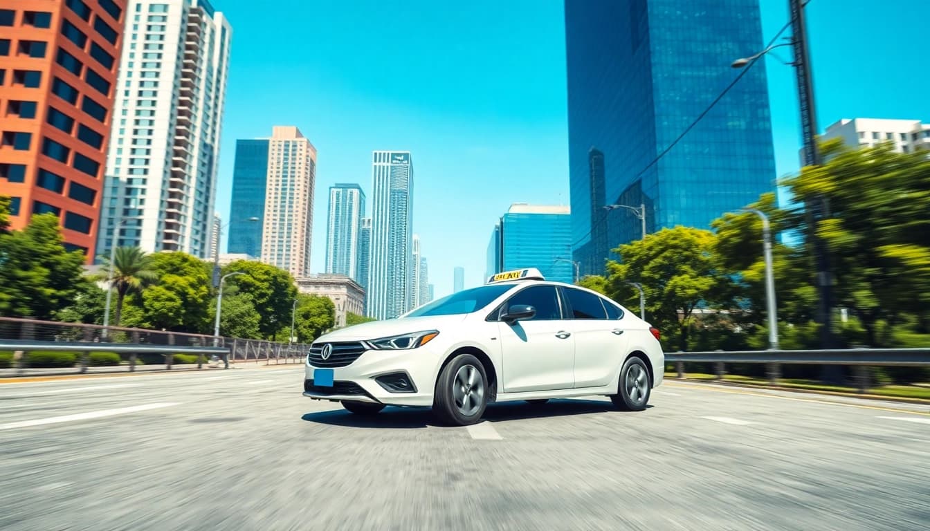 Experience LONG DISTANCE TAXI TRANSFERS with a modern taxi driving through a vibrant city.