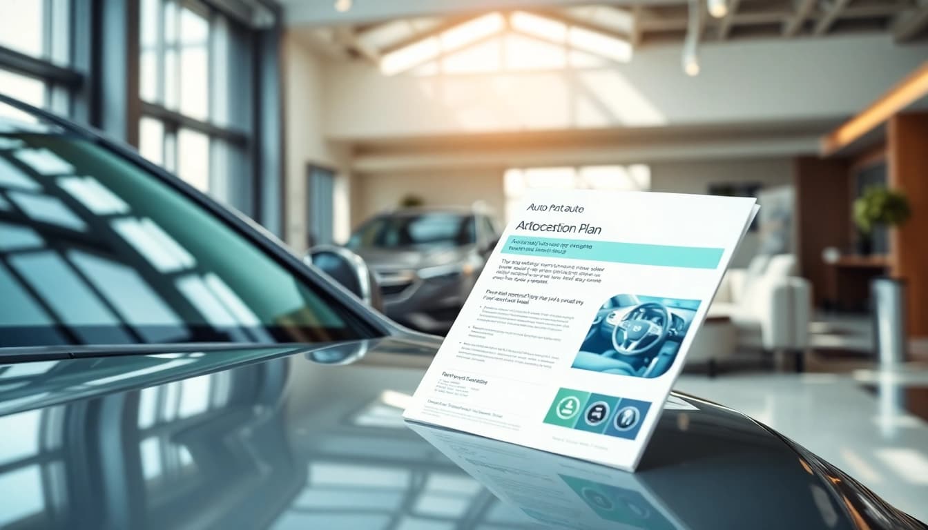 Highlighting an auto protection plan brochure next to a premium vehicle in an elegant showroom.
