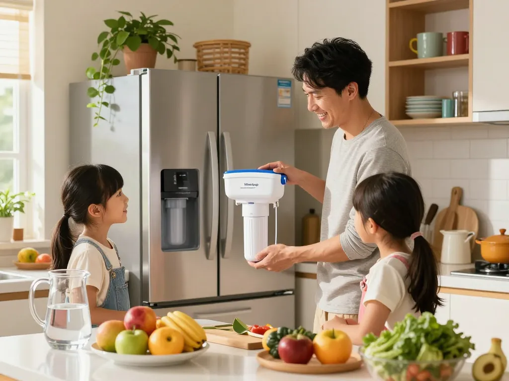 Replacing the Waterdrop Plus 5231JA2002A NSF 401&53 Refrigerator Water Filter in a family kitchen, promoting health and freshness.
