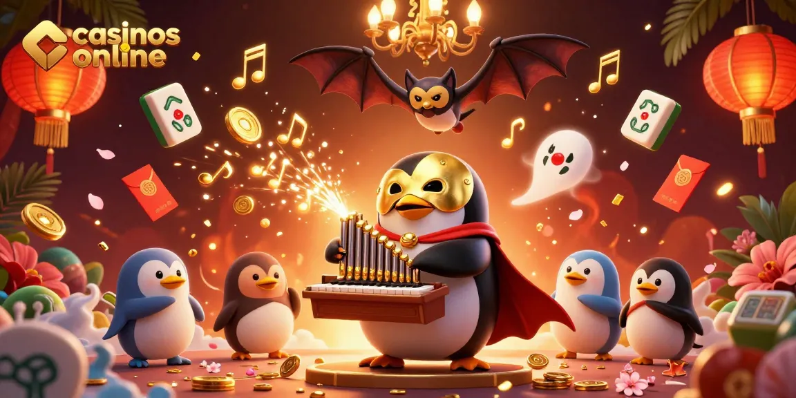 Disfruta de los mejores juegos en casinos online mientras el pingüino toca el órgano de monedas doradas.