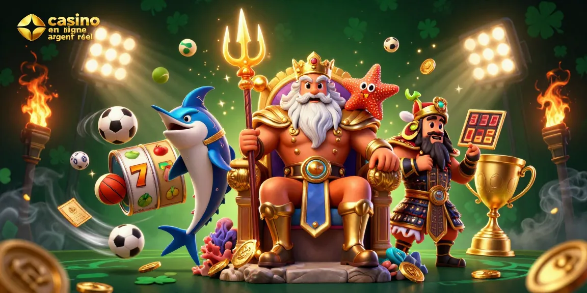 Visitez le casino en ligne argent réel et découvrez Neptune entouré de trophées et de machines à sous.