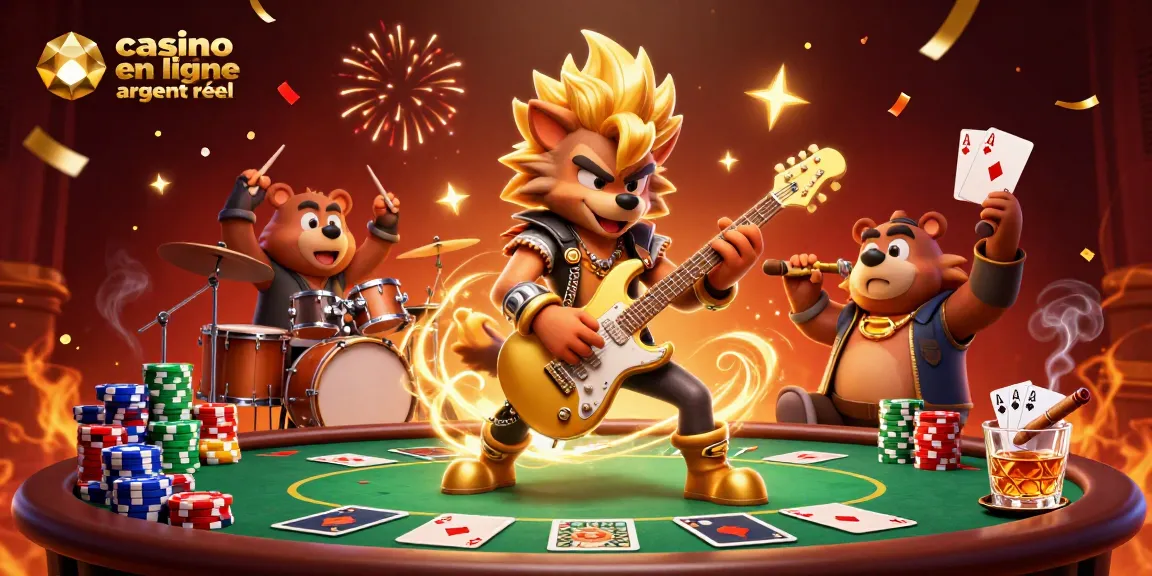 Illustration dynamique présentant un loup rock star élevant la musique sur scène, représentant le casino en ligne argent réel.