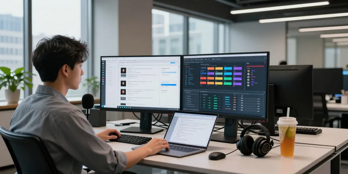 Detect AI image in a tech office showing an analyst monitoring content moderation analytics on dual screens.