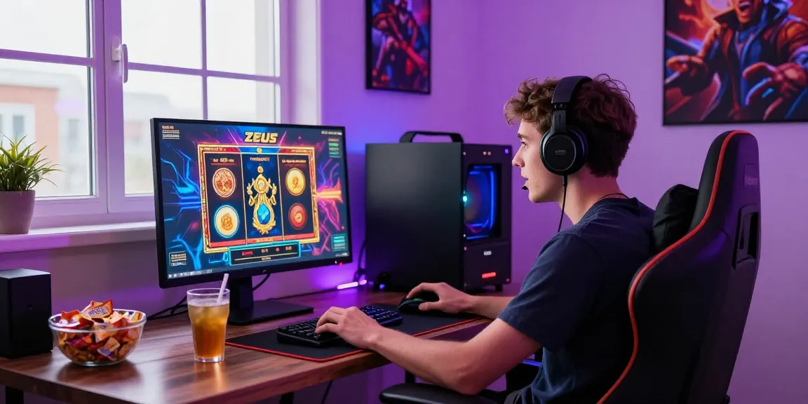 Exciting gameplay of demo zeus slot featuring an enthusiastic gamer surrounded by modern gaming setup.