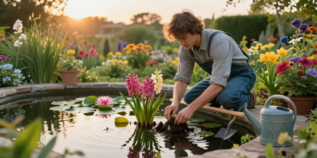 Buy Pond Plants Online while enjoying a serene garden scene with vibrant aquatic plants and a gardener.