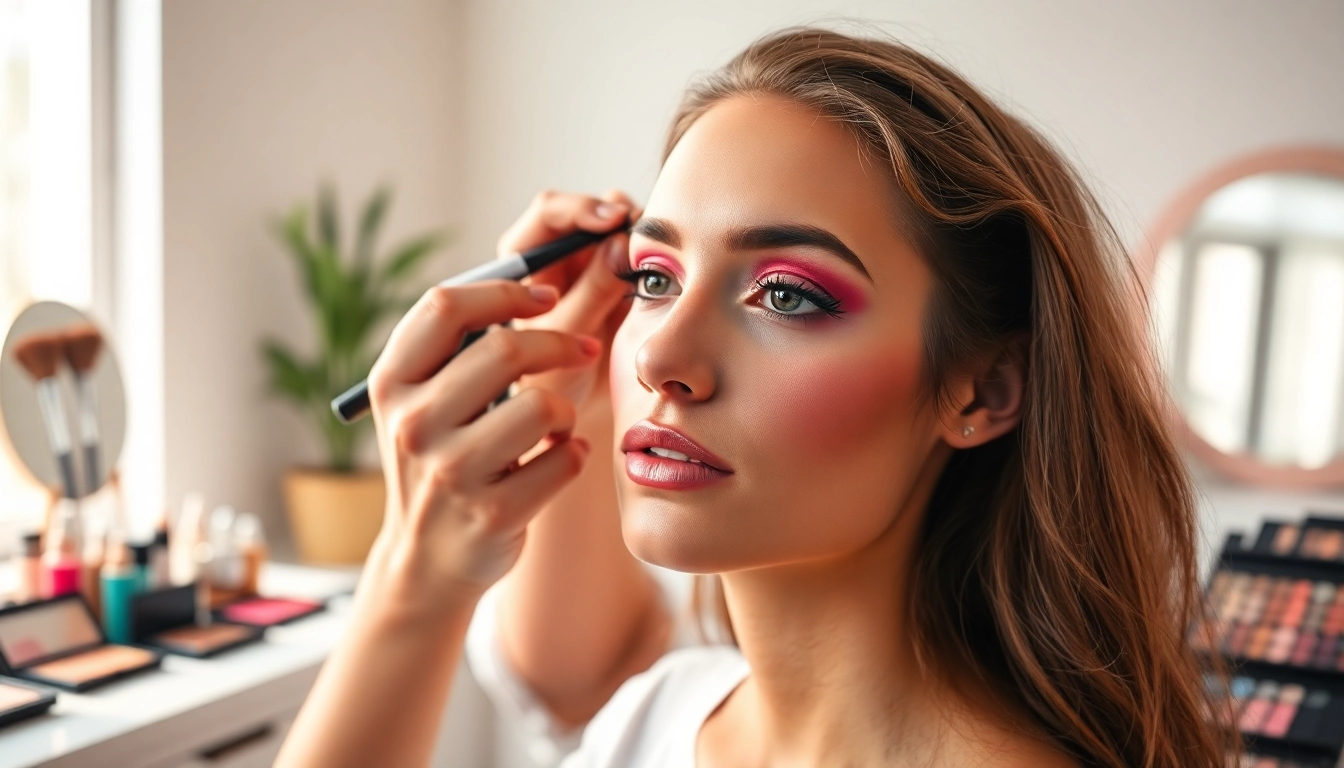 Apply wholesale make up with expert techniques in a vibrant beauty studio environment.