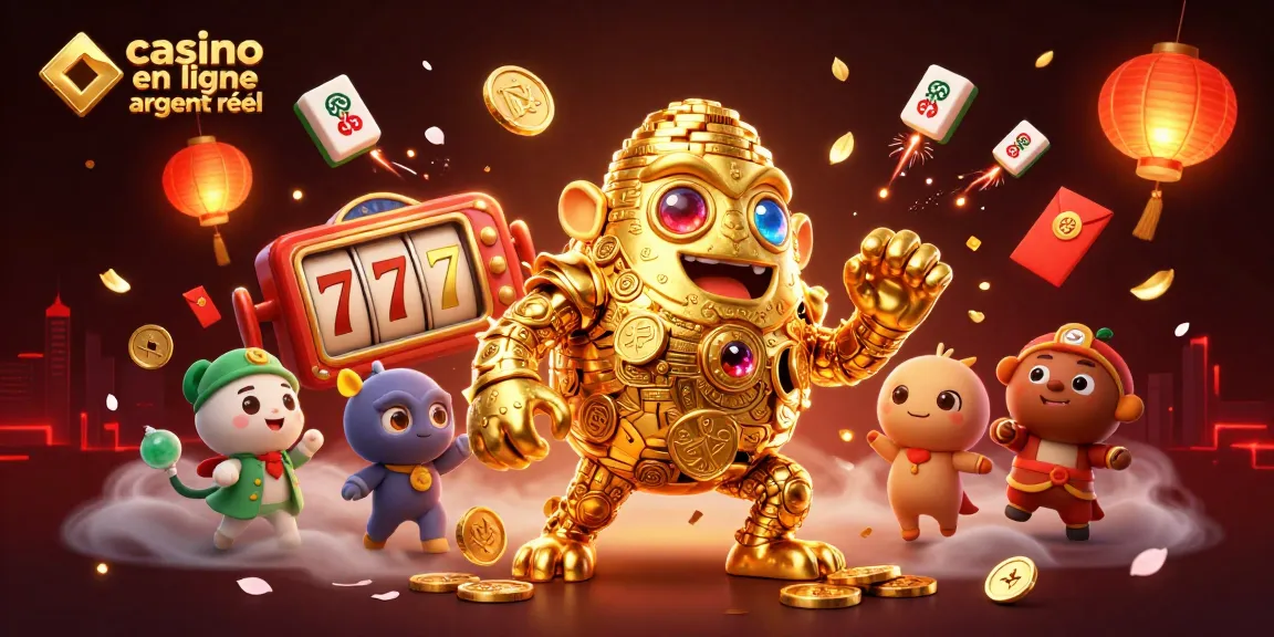 Illustration dynamique de casino en ligne argent réel avec un golem en or et des éléments chinois, promettant des gains excitants.