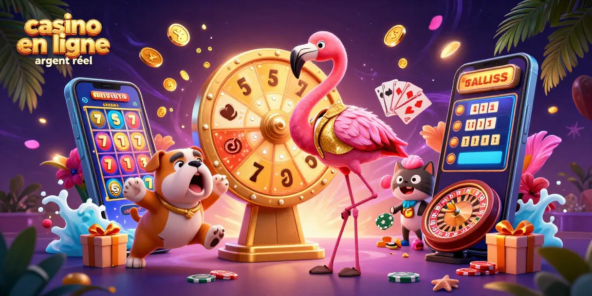 Jouer sur casino en ligne argent réel avec le flamant, le bulldog et le chat assistant dans un décor vibrant.