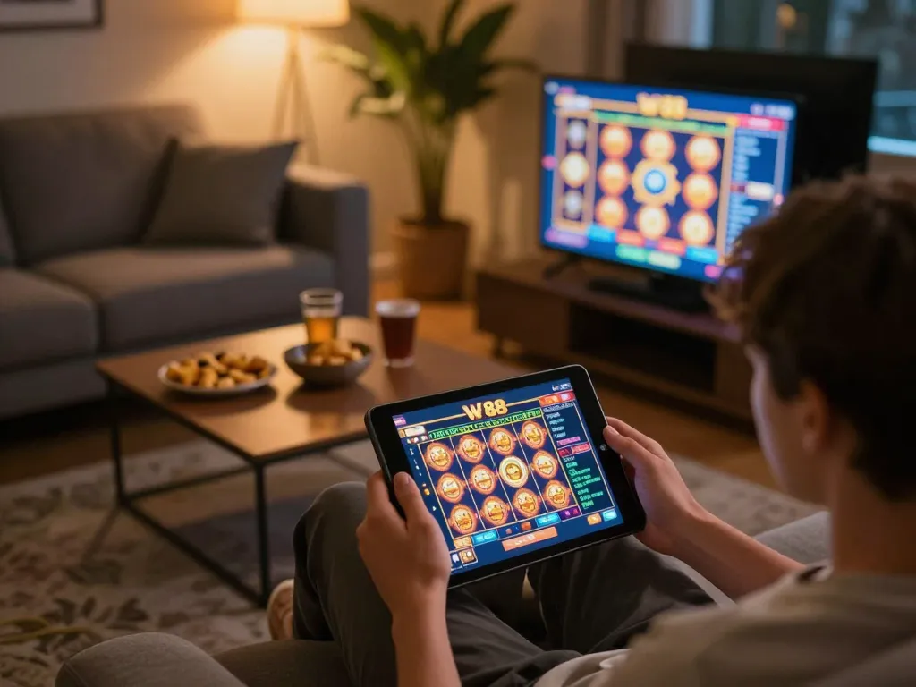 Player enjoying W 88 online casino game on tablet in a cozy living room