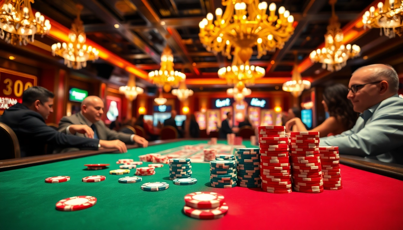 Poker players engaged with pakde4d in a vibrant casino setting, showcasing excitement and tense atmosphere.