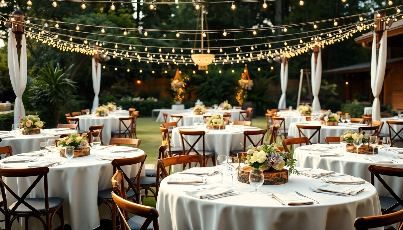 Discover stunning table rentals beautifully arranged for an outdoor wedding.