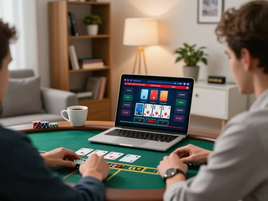 Engaged player at their home using https://rr88k1.com/ for live dealer blackjack, showcasing intense online gaming strategy.