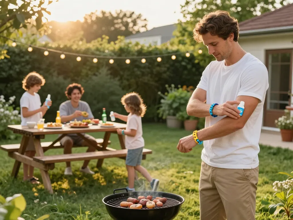 Family enjoying outdoor barbecue with mosquito repellent products applied for protection.