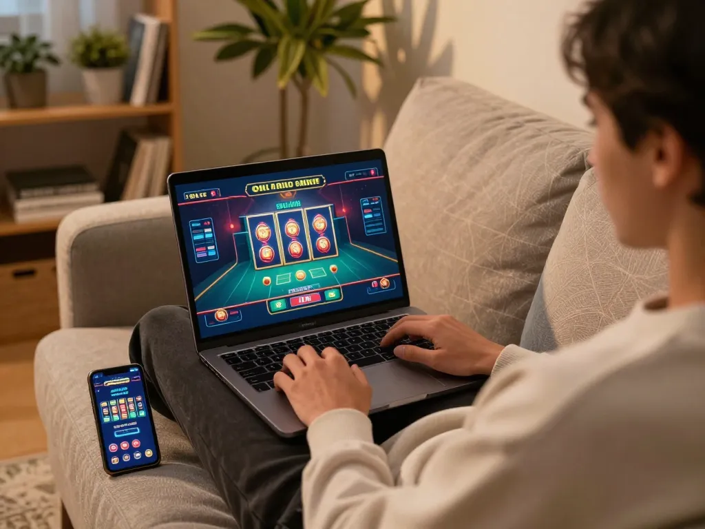 Engaging in สล็อต gameplay on a laptop with cozy surroundings, showcasing strategic gaming moments at home