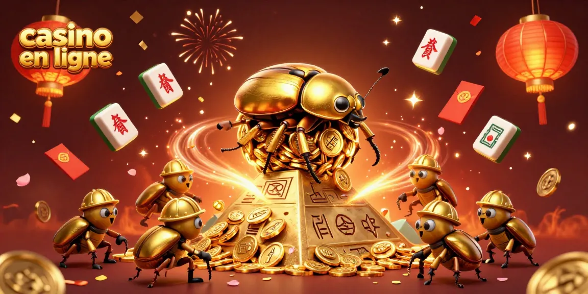 Plongez dans l'univers du casino en ligne où un scarabée doré roule des pièces d'or, entouré de jeux et de symboles festifs.