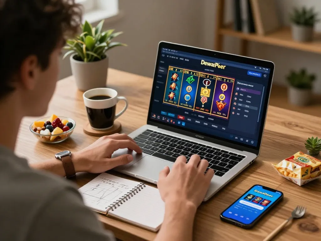 Player engaging with DewaPoker's online gaming layout on a laptop, showcasing an immersive gaming experience.