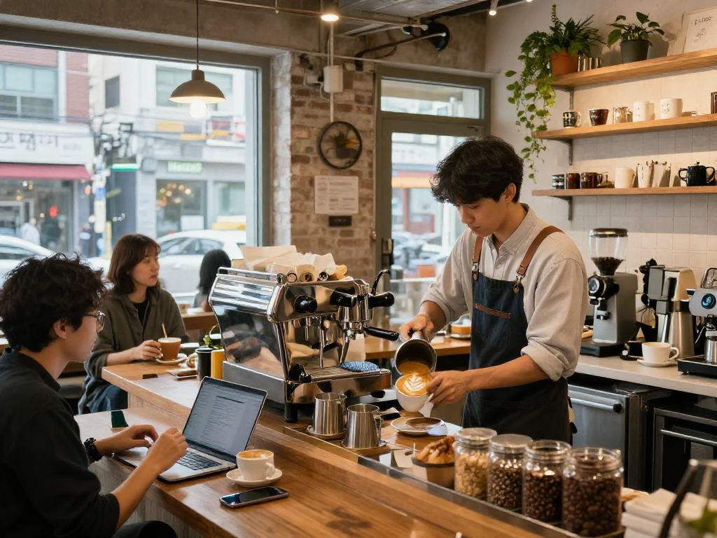 강남 달토 카페에서 바리스타가 라떼 아트를 제작하는 모습
