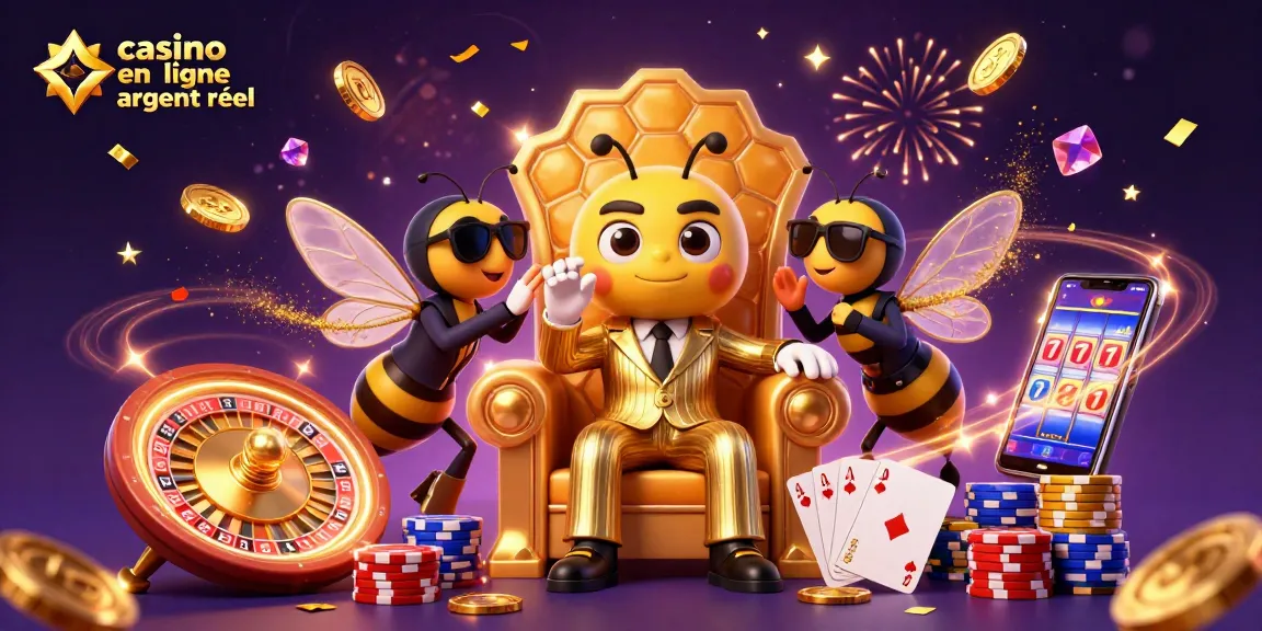 Illustration dynamique de casino en ligne argent réel avec abeille mob boss et éléments de jeu captivants.