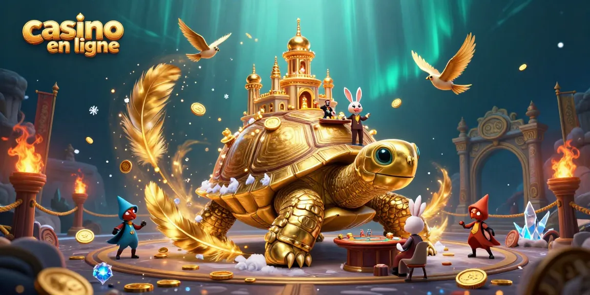Casino en ligne avec des jeux vibrants sur une tortue dorée géante illuminée.