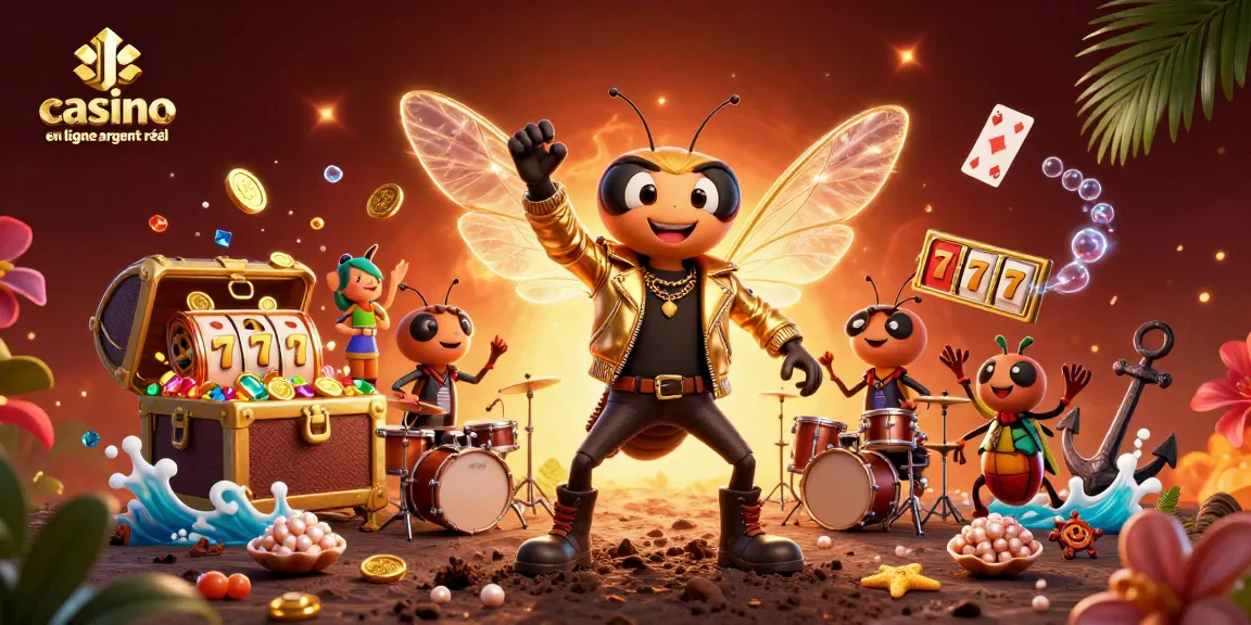 Illustration dynamique avec un rockeur cicada et un batteur, symbolisant le casino en ligne argent réel.