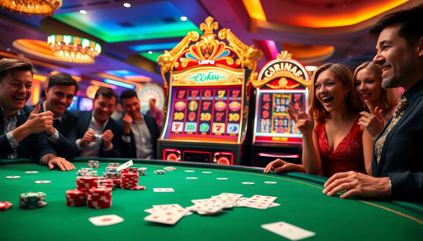 Players enjoying the thrilling slot777 machine experience in a vibrant casino setting.
