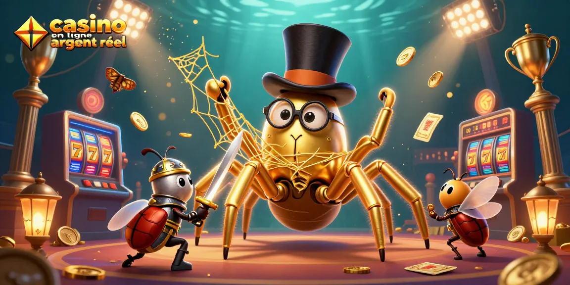 Illustration dynamique de casino en ligne argent réel avec une araignée dorée et un chevalier, captivant les spectateurs de jeux.