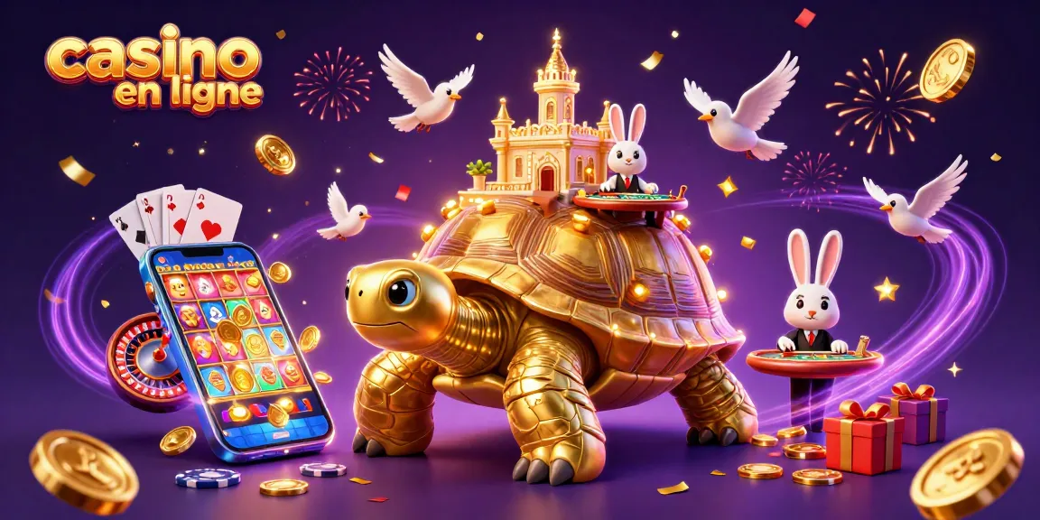 Jouez à des jeux captivants de casino en ligne avec une tortue dorée et des pièces volantes.