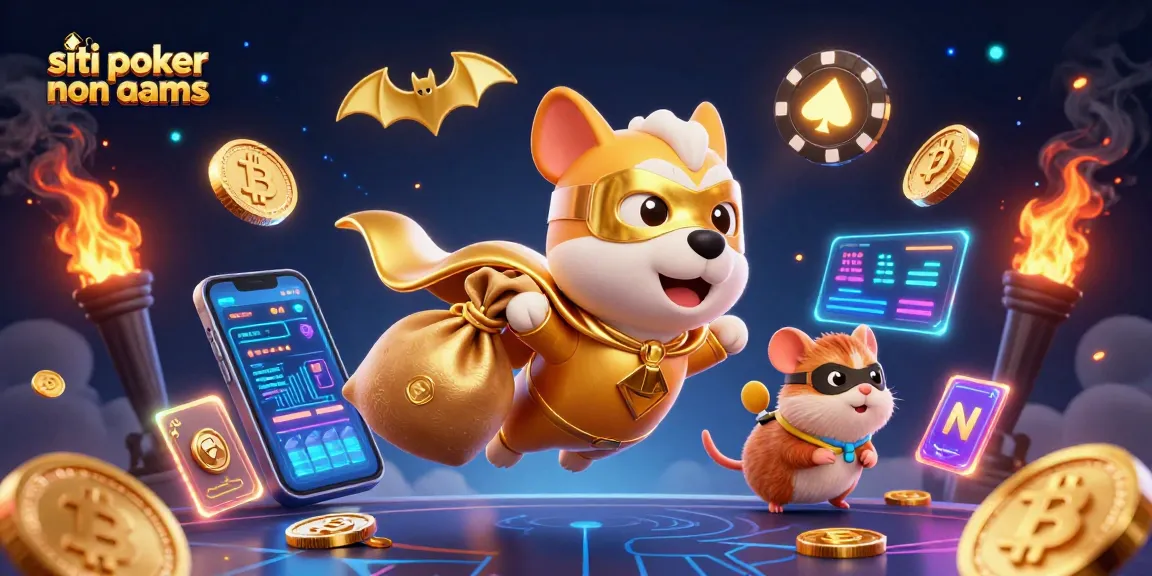 Gioca nei siti poker non aams con un cane supereroe che vola tra chip e monete d'oro.