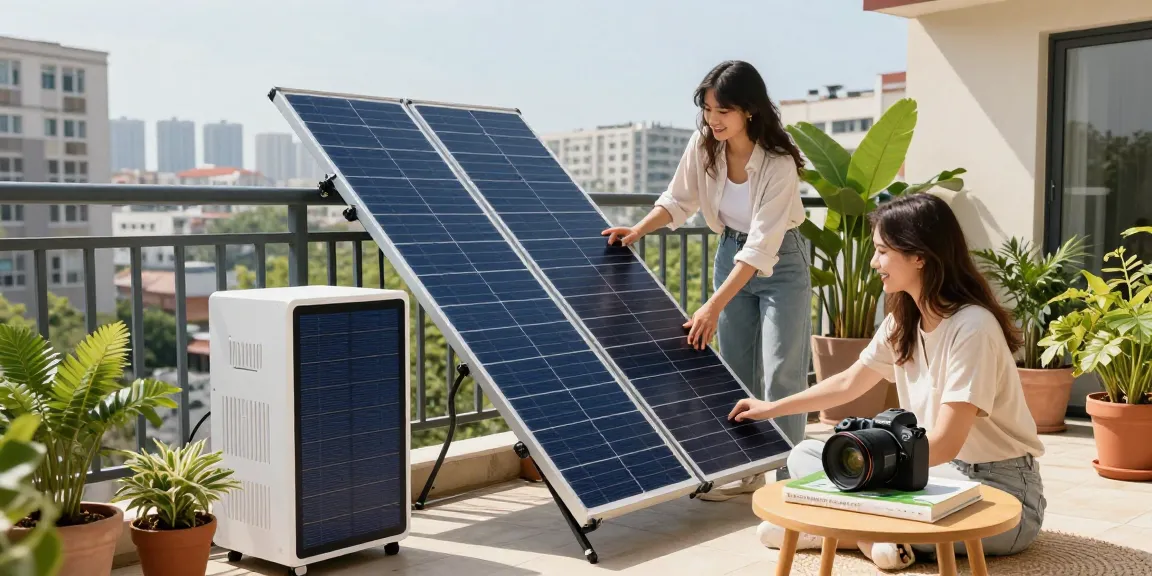 Balcony solar panel installation on an urban balcony with a couple setting it up, surrounded by plants and skyline views.