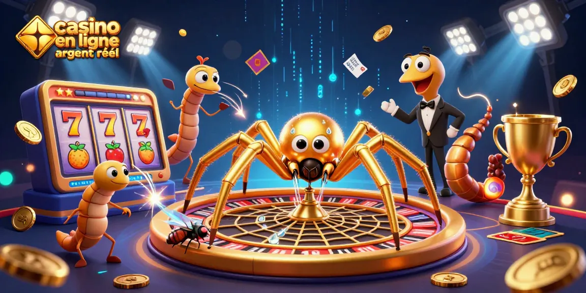 Visualisez une scène captivante de casino en ligne argent réel, avec une araignée et un croupier inspirants.