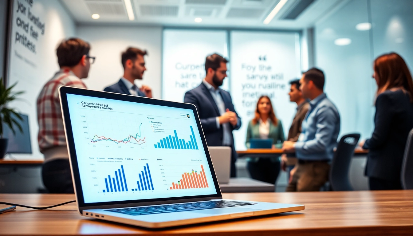 Enhance AI for competitor analysis with a professional office scene showing analysis tools.