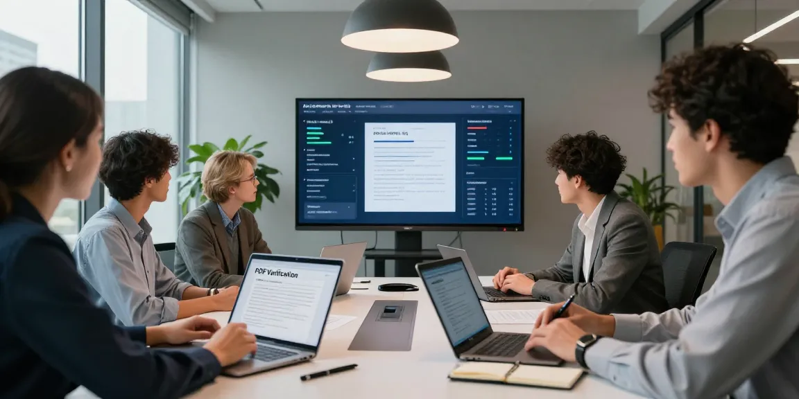Team exploring how to detect fraud in PDF documents using advanced AI technology in a modern workspace.