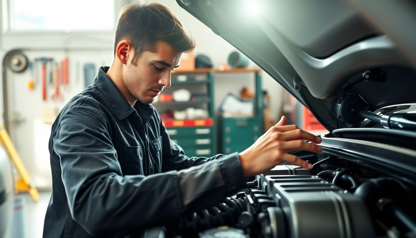 Examine auto protection plan benefits with a mechanic inspecting a car engine in a bright garage.