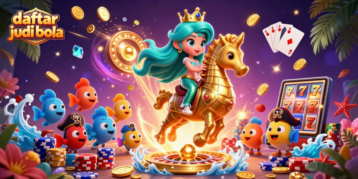 Engage with daftar judi bola through vibrant action, featuring a mermaid and seahorse amid dynamic casino elements.