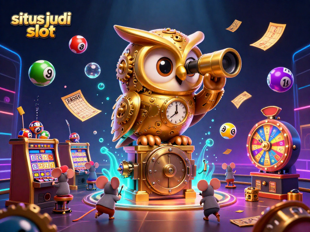 Menghadirkan situs judi slot, seekor burung hantu emas mekanis memindai lantai kasino dikelilingi elemen permainan ceria.